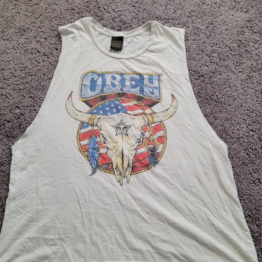 Obey White Graphic Tank with American Flag Skull